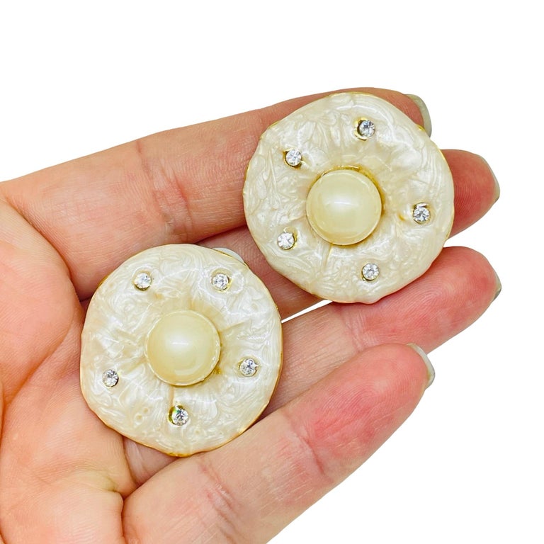 Boucles D'oreilles Clips Dorées Avec émail Et Strass - Très Bon état - Occasion