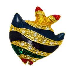Vintage gold tone enamel rhinestones fish designer brooch