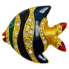 Vintage gold tone enamel rhinestones fish designer brooch