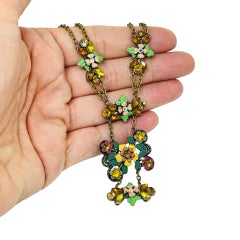 Vintage gold tone enamel rhinestones flowers drop designer necklace