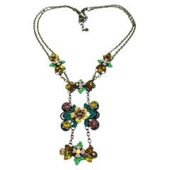 Vintage gold tone enamel rhinestones flowers drop designer necklace