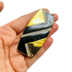 Vintage gold tone enamel rhinestones geometric designer brooch