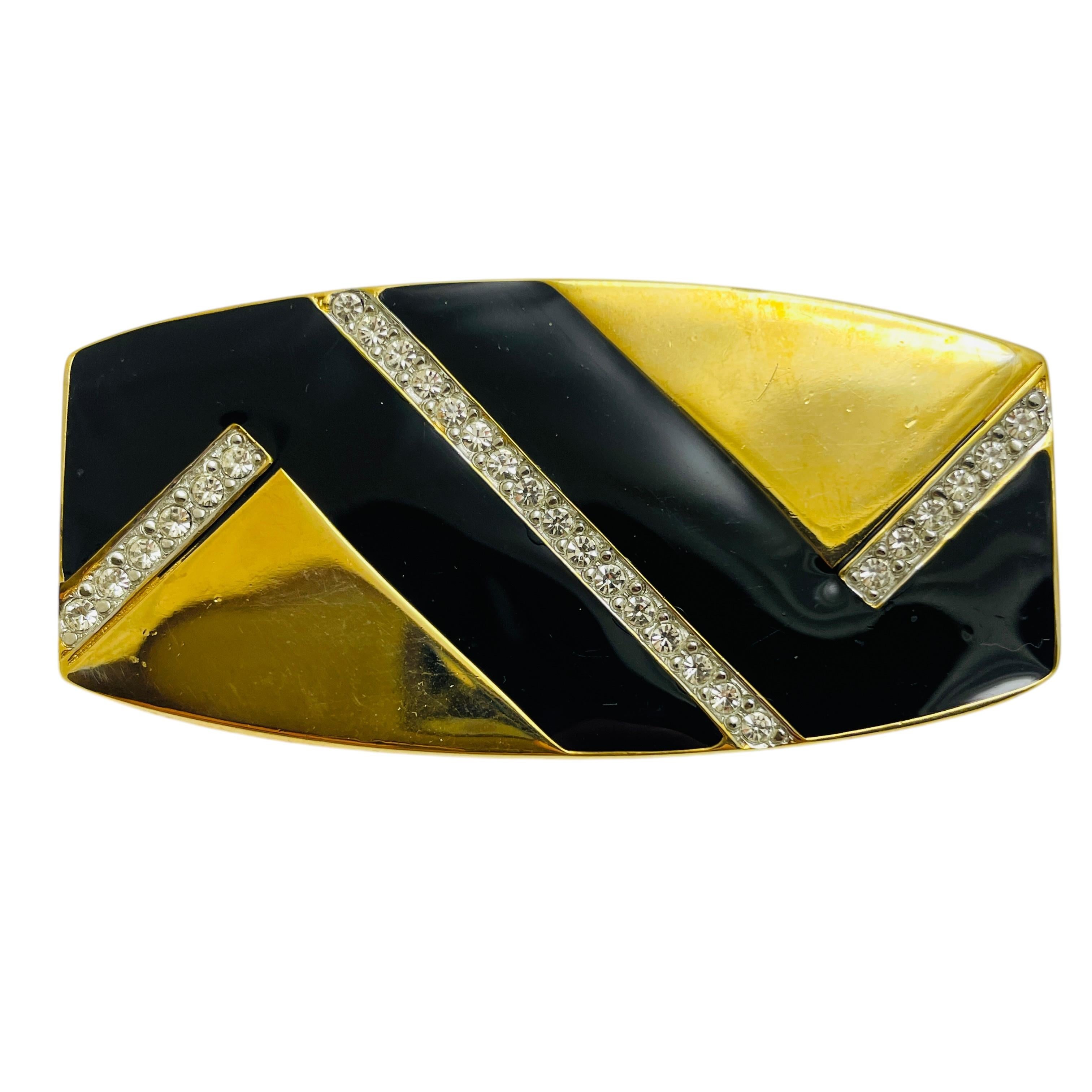 Women's Vintage gold tone enamel rhinestones geometric designer brooch For Sale
