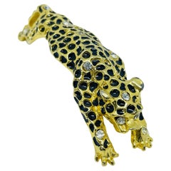 Vintage gold tone enamel rhinestones panther designer brooch