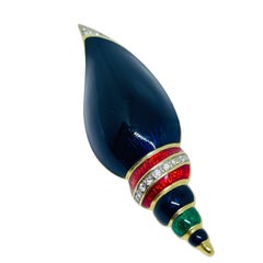 Vintage gold tone enamel rhinestones seashell designer brooch