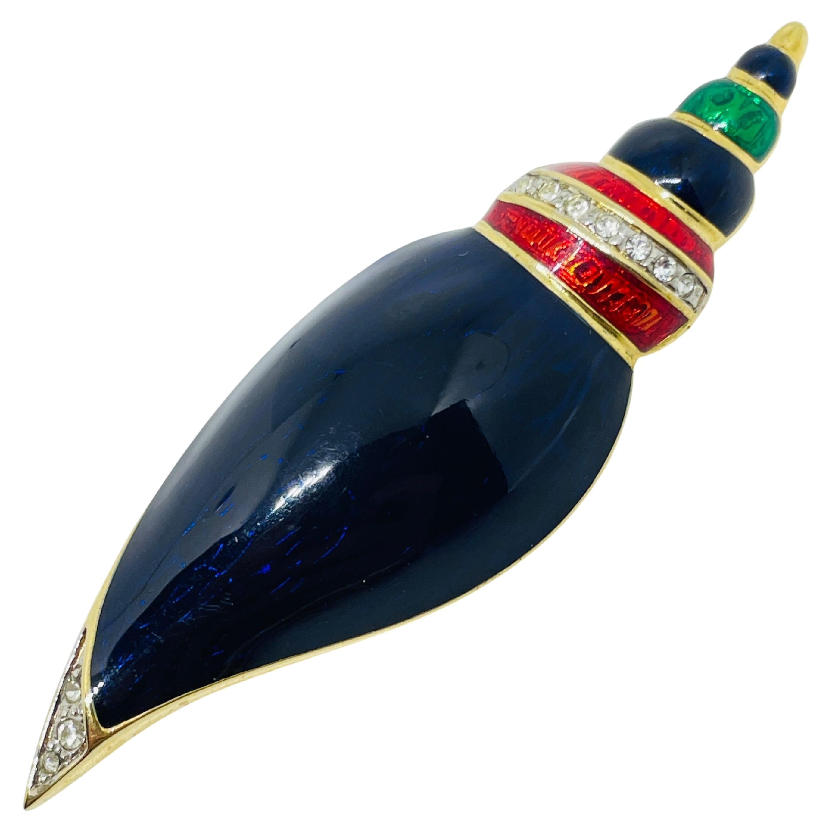 Vintage goldfarbene Emaille Strasssteine Muschel Designer Brosche