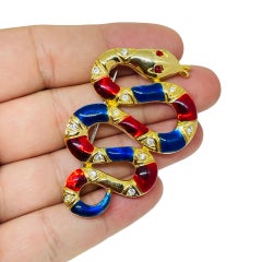 Vintage gold tone enamel rhinestones snake designer brooch