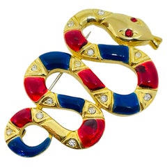 Vintage gold tone enamel rhinestones snake designer brooch