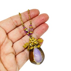 Vintage gold tone enamel seashell crystal beads designer chain necklace