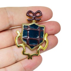 Vintage gold tone enamel shield bow designer brooch