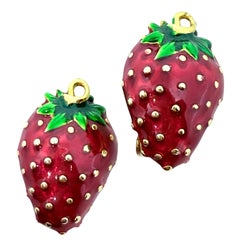 Vintage gold tone enamel strawberry designer clip on earrings