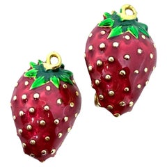 Vintage gold tone enamel strawberry designer clip on earrings
