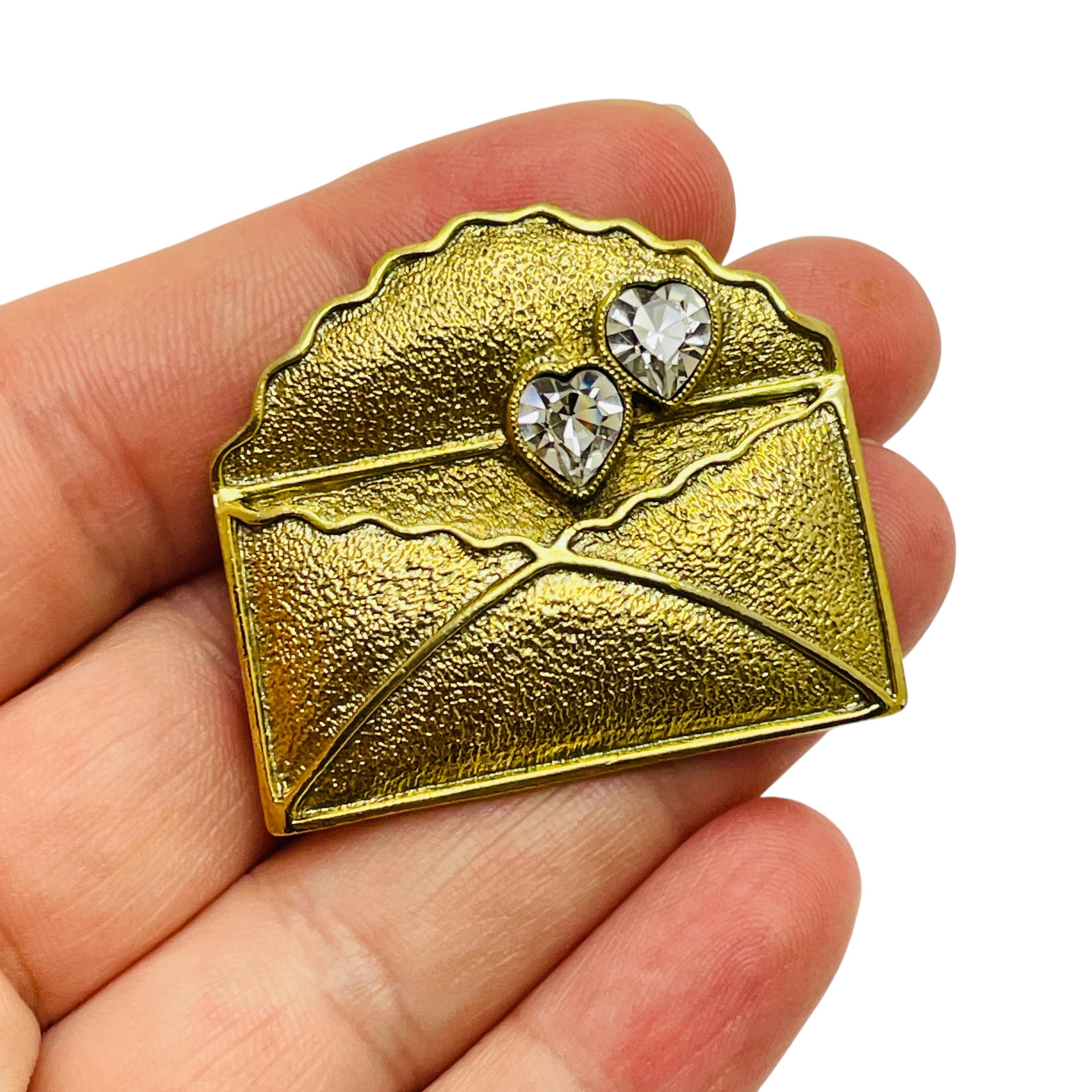 Women's Vintage gold tone envelope letter rhinestone heart designer brooch For Sale