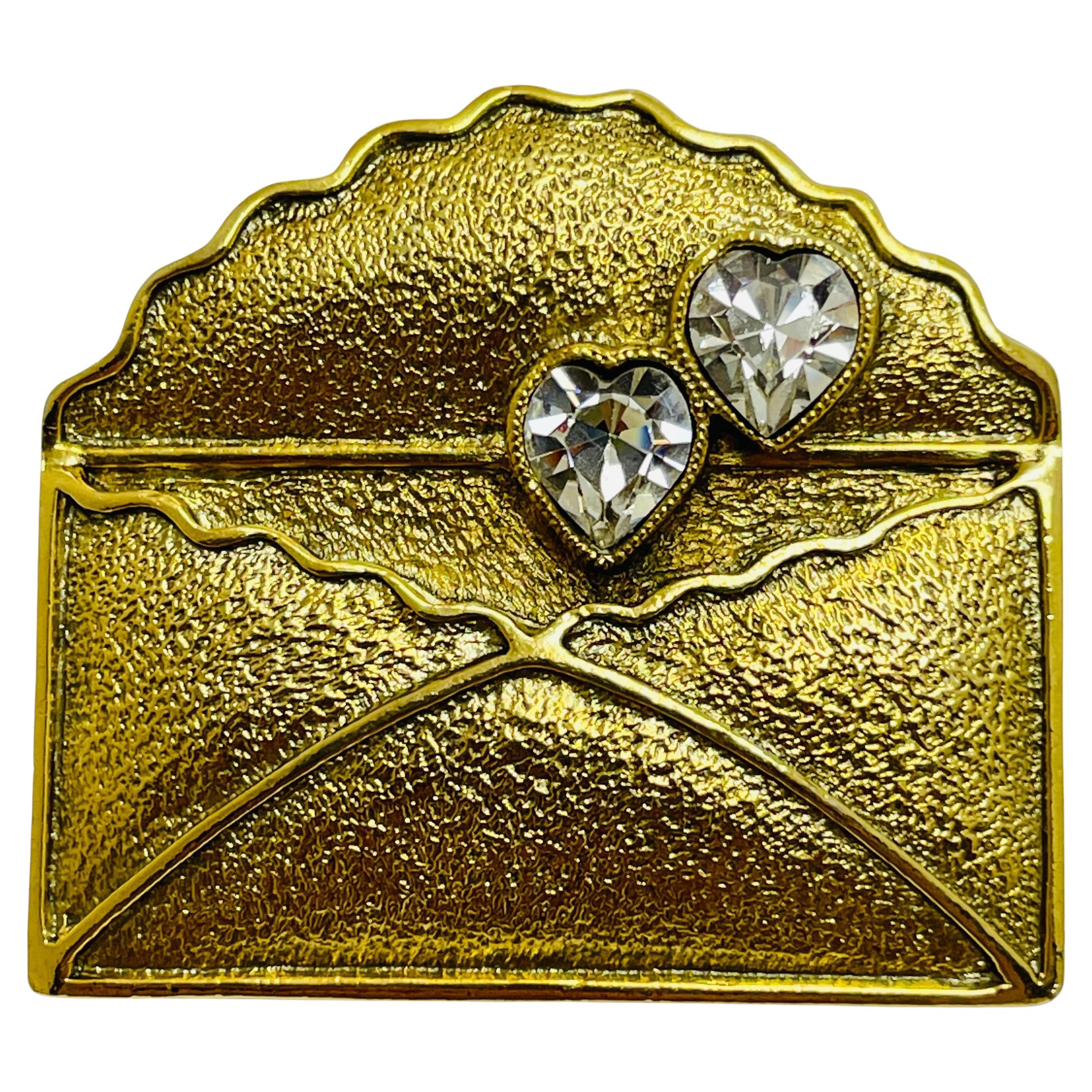 Vintage gold tone envelope letter rhinestone heart designer brooch For Sale