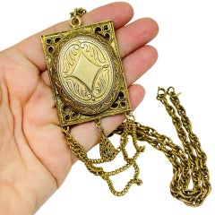 Vintage gold tone etched locket dangle chains pendant designer necklace
