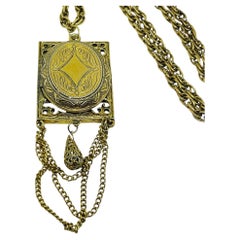 Vintage gold tone etched locket dangle chains pendant designer necklace