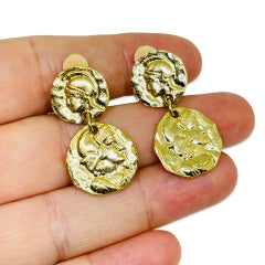 Vintage gold tone Etruscan coin dangle designer clip on earrings