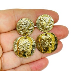 Vintage gold tone Etruscan coin dangle designer clip on earrings