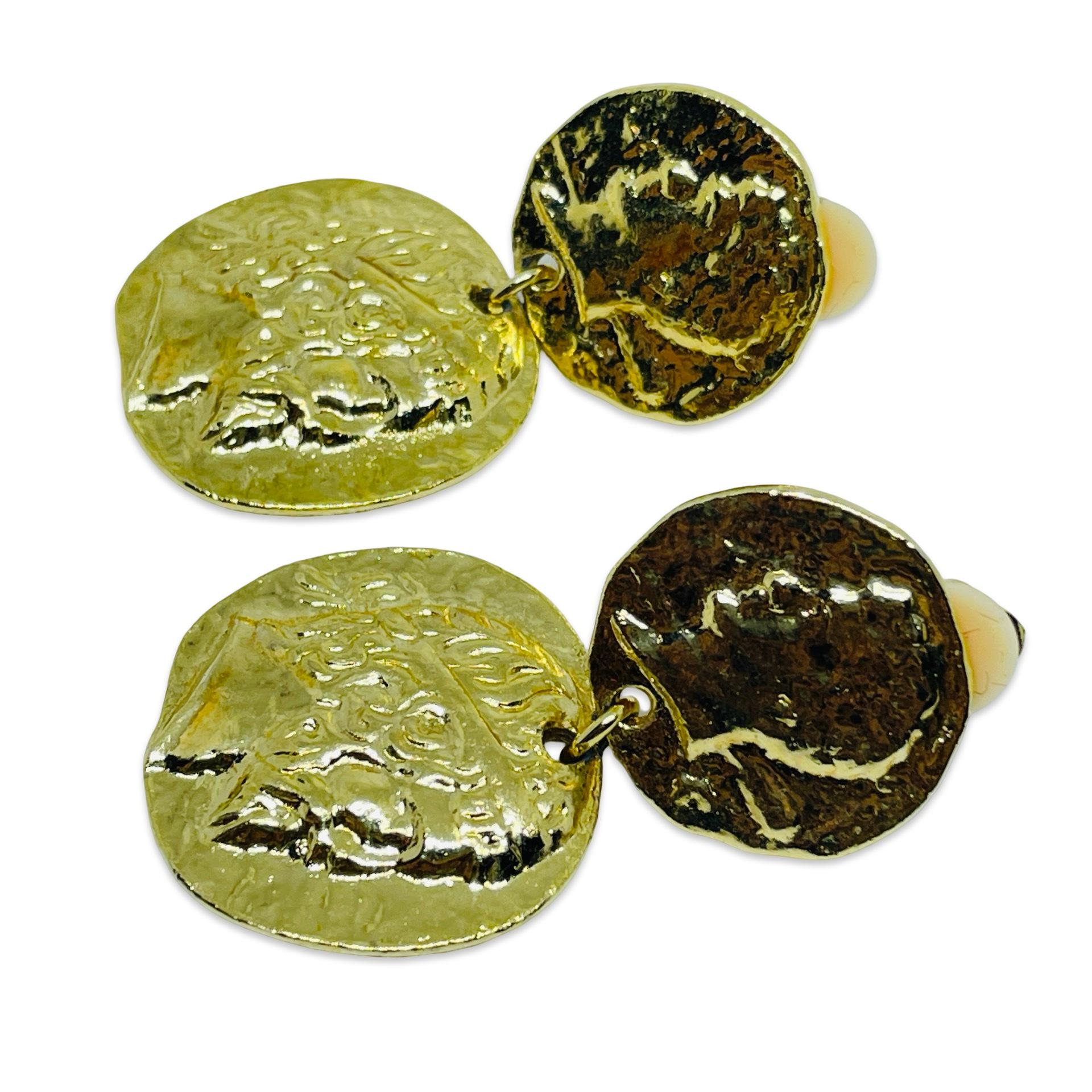 Women's or Men's Vintage gold tone Etruscan coin dangle designer clip on earrings For Sale