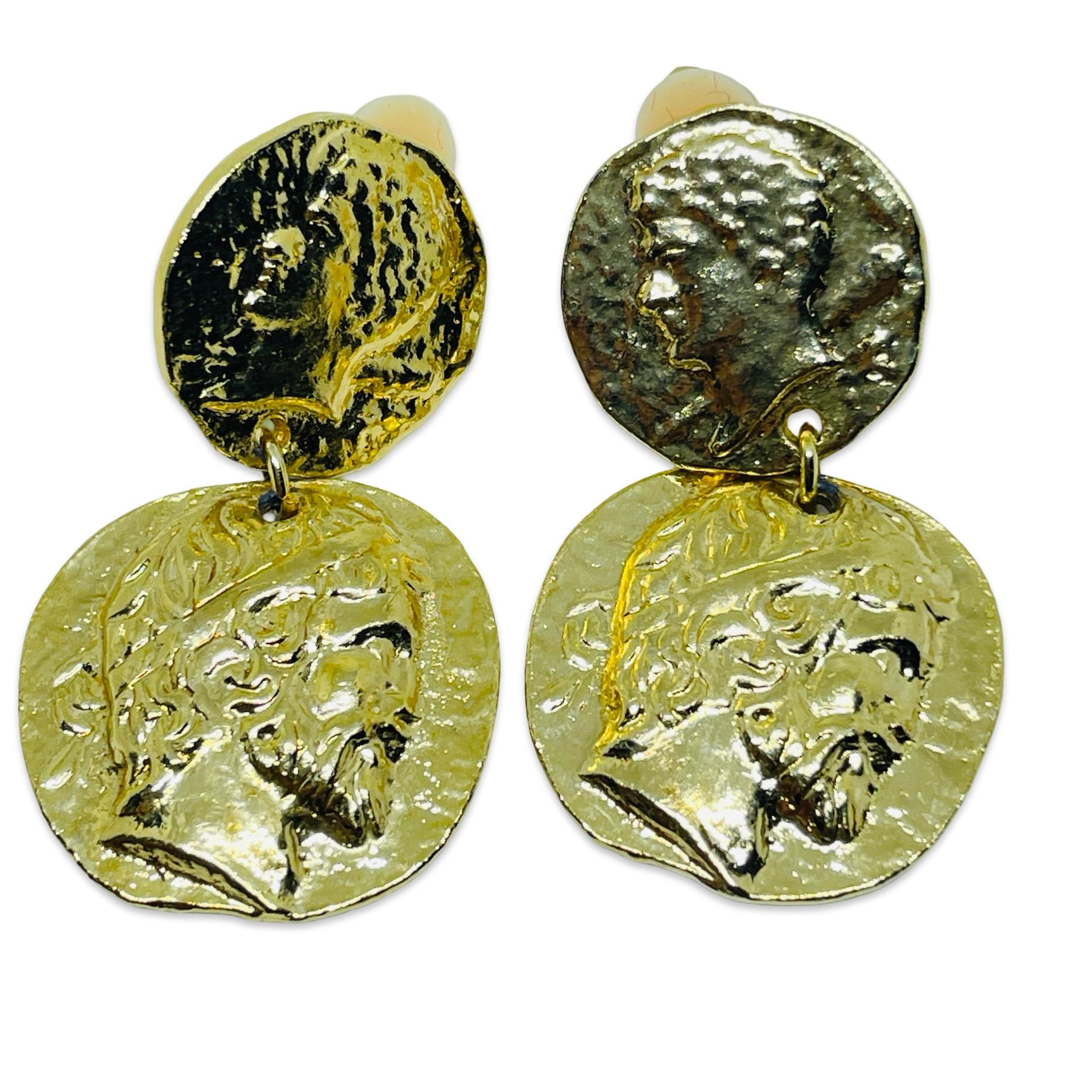 Vintage gold tone Etruscan coin dangle designer clip on earrings For Sale 1