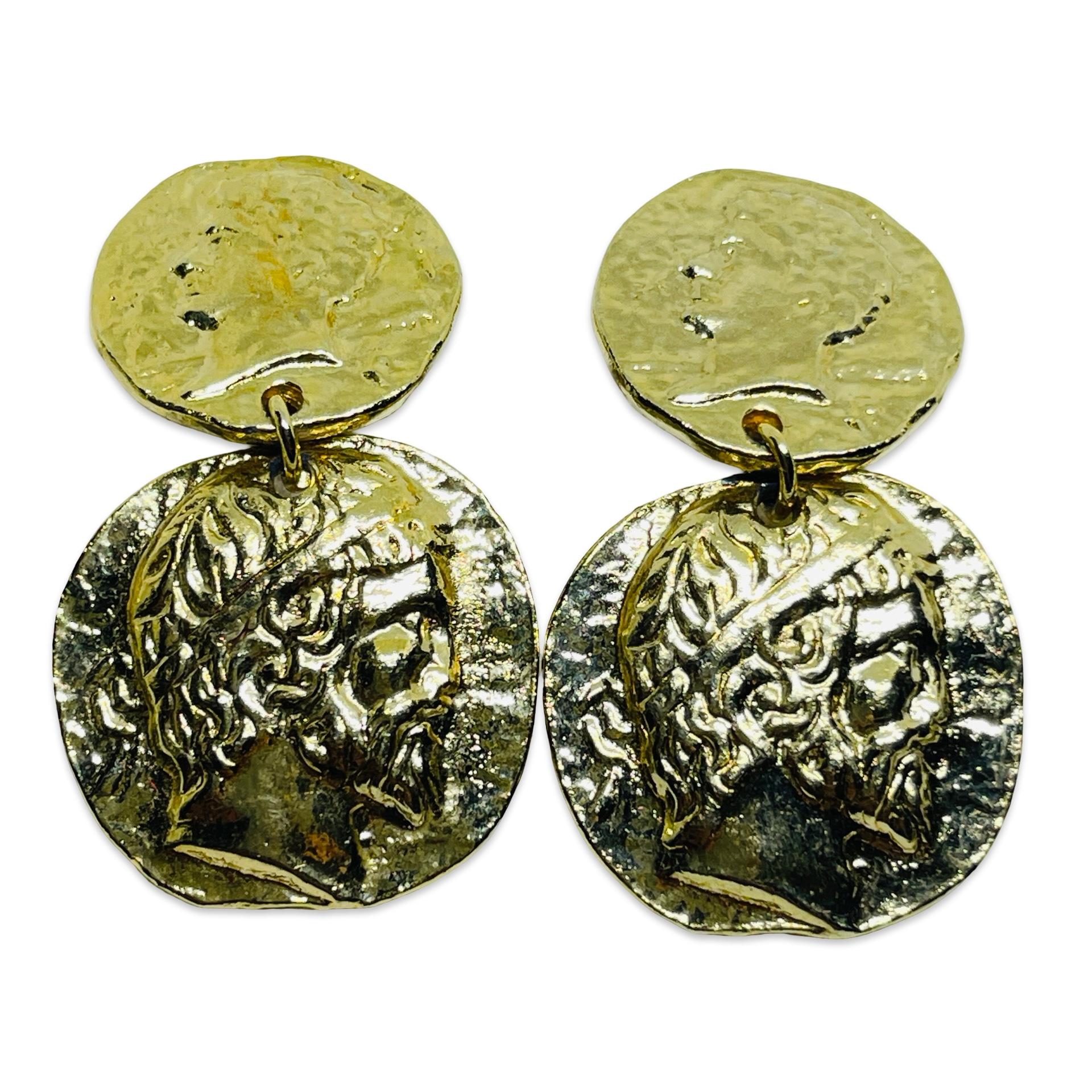Vintage gold tone Etruscan coin dangle designer clip on earrings For Sale 2