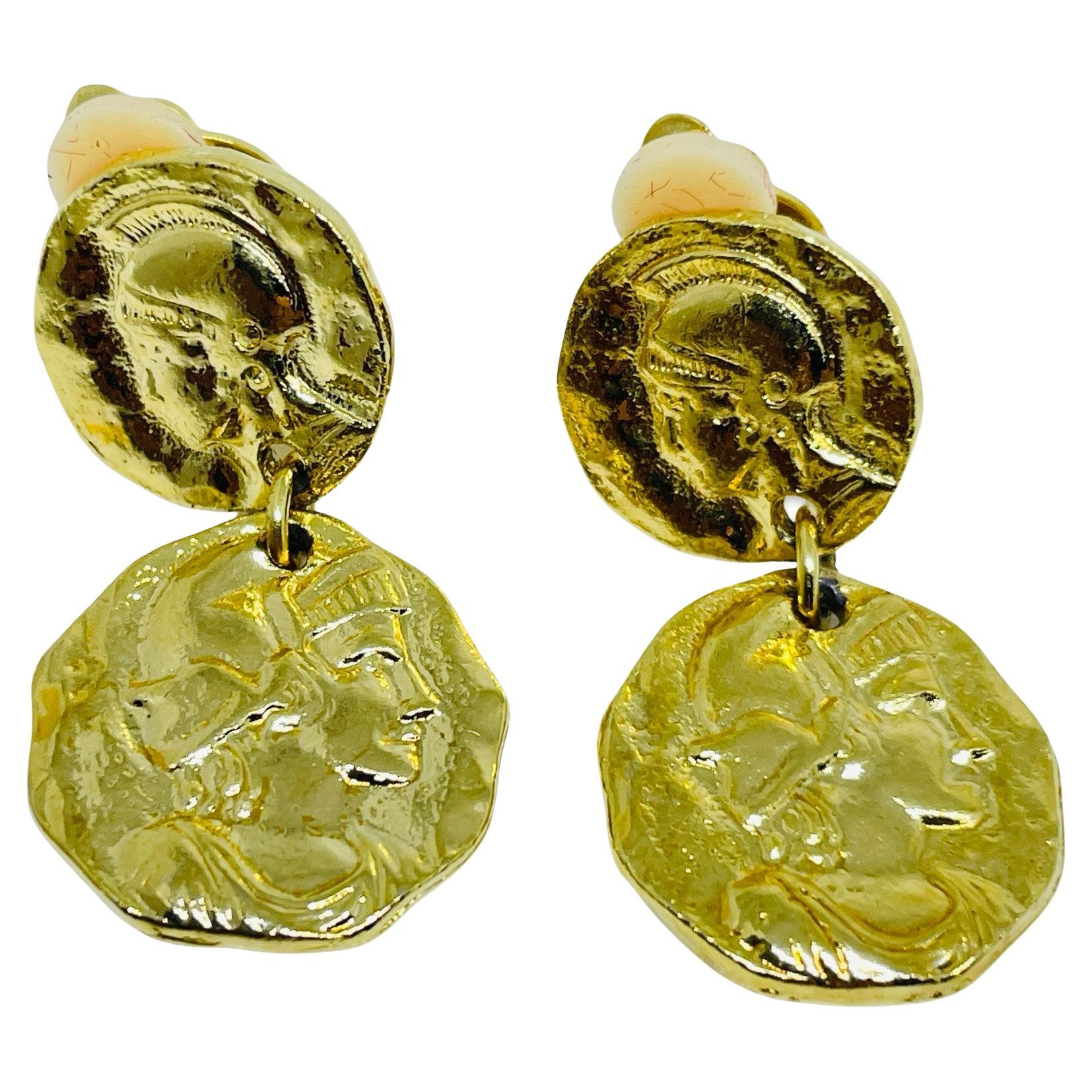 Vintage gold tone Etruscan coin dangle designer clip on earrings
