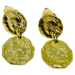 Vintage gold tone Etruscan coin dangle designer clip on earrings