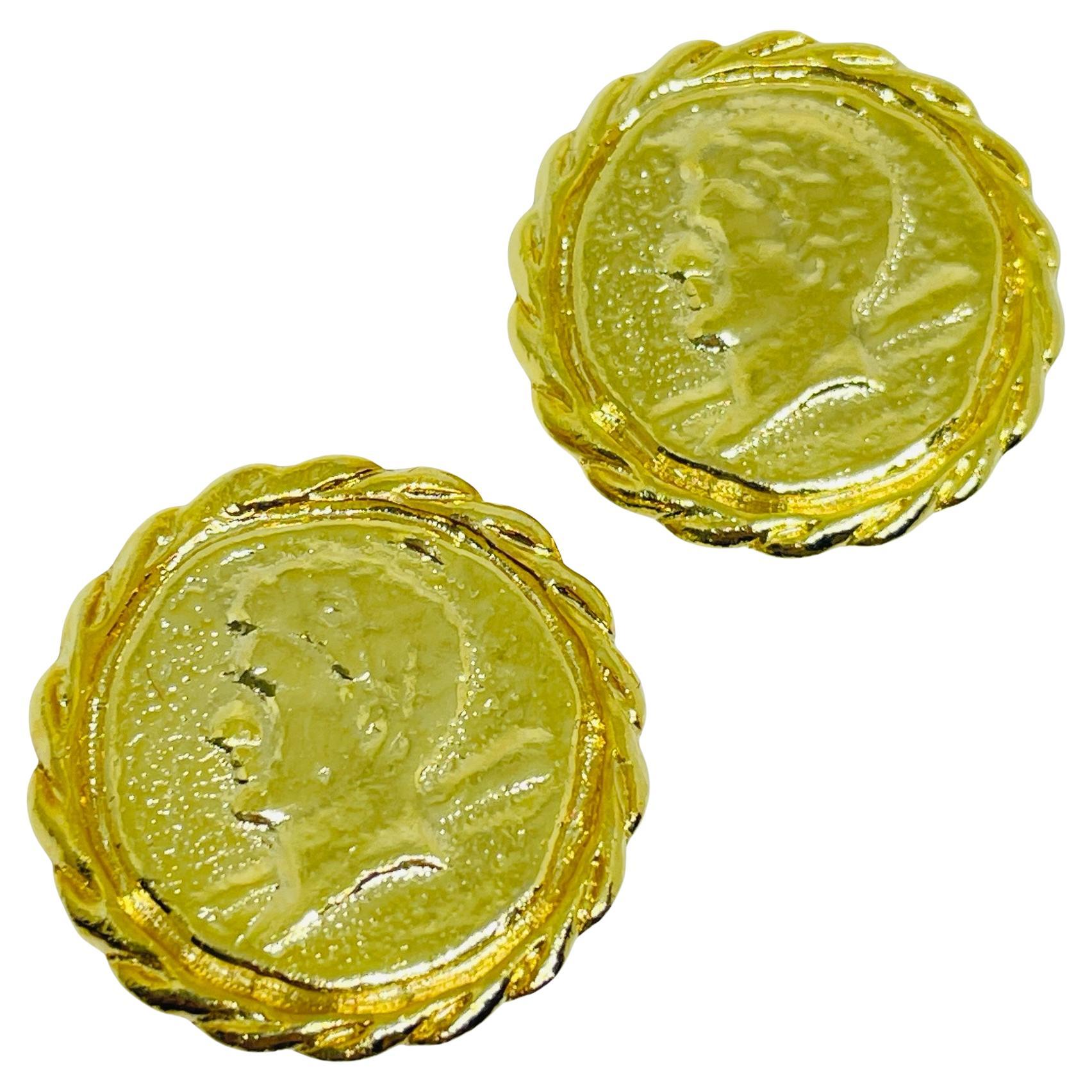 Vintage gold tone Etruscan coin designer clip on earrings