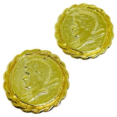Vintage gold tone Etruscan coin designer clip on earrings Vintage gold tone Etruscan coin designer clip on earrings