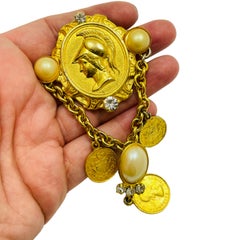 Vintage gold tone Etruscan style coin pearl rhinestone dangle designer brooch