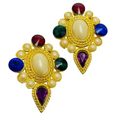 Orecchini a clip in vetro stile etrusco vintage in tonalità oro