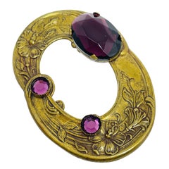 Vintage gold tone European amethyst glass large brooch