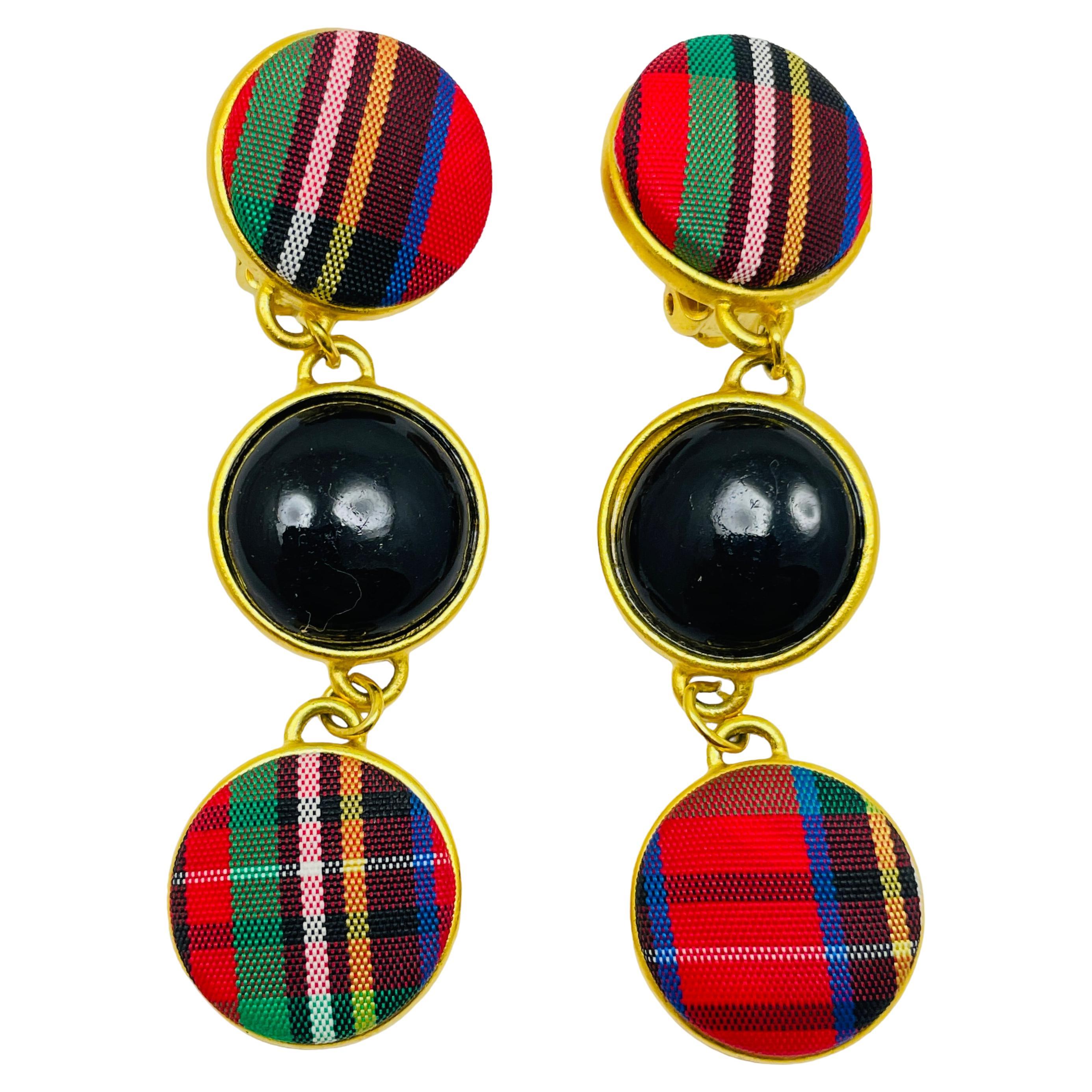 Vintage gold tone fabric checkered dangle designer 80
s clip on earrings