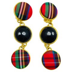 Vintage gold tone fabric checkered dangle designer 80's clip on earrings