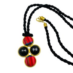 Vintage gold tone fabric checkered dangle designer 80's necklace