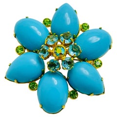 Retro gold tone faux blue turquoise flower designer brooch