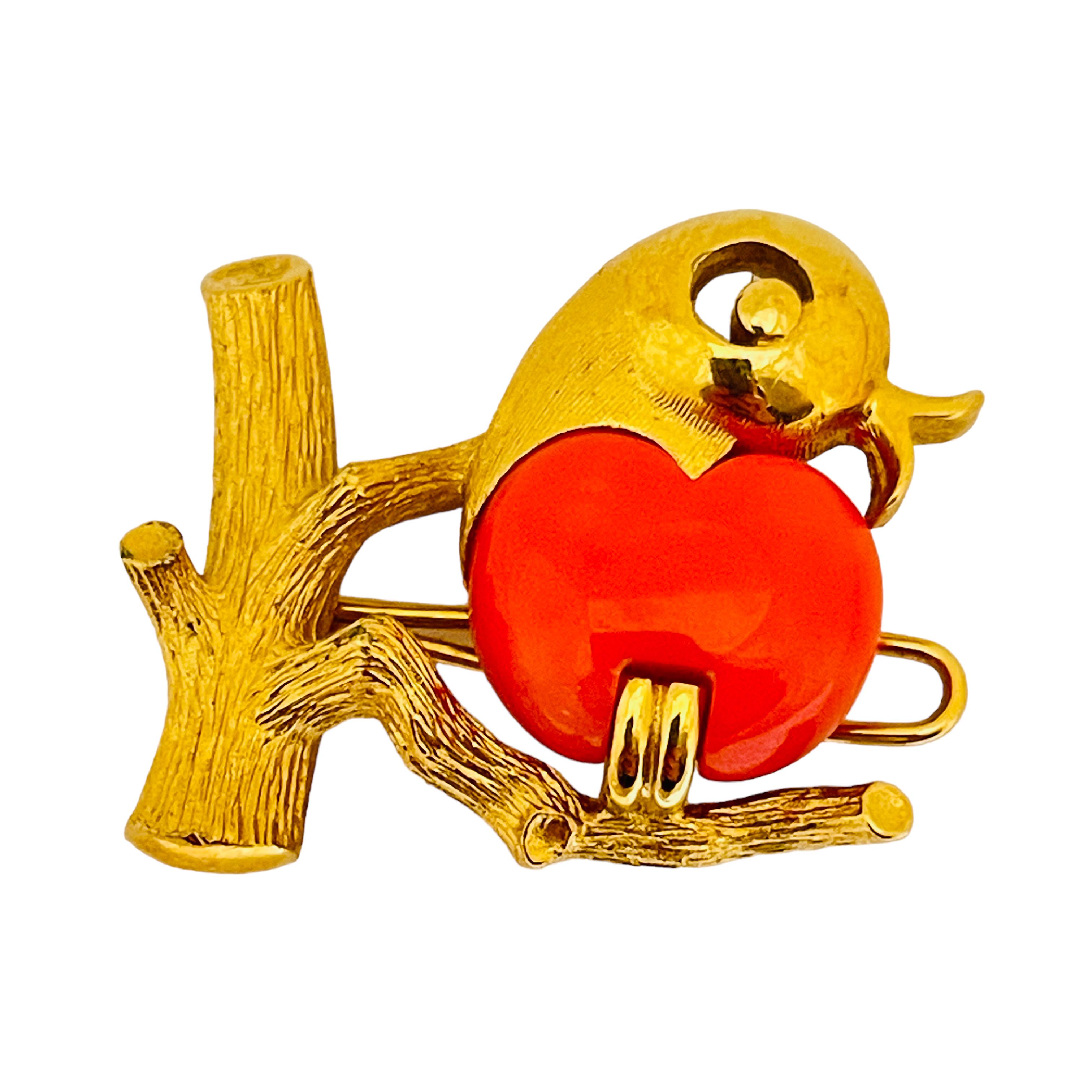 Women's or Men's Vintage gold tone faux coral bird brooch clip For Sale