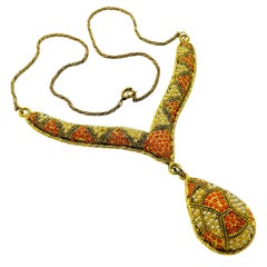 Vintage gold tone faux coral pearl designer necklace