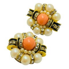 Vintage gold tone faux coral pearl rhinestone designer runway clip on earrings