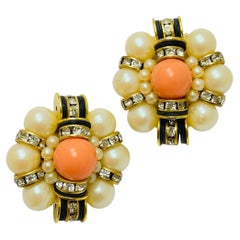 Vintage gold tone faux coral pearl rhinestone designer runway clip on earrings