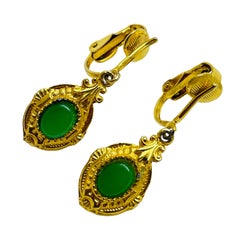 Vintage gold tone faux green jade drop designer earrings