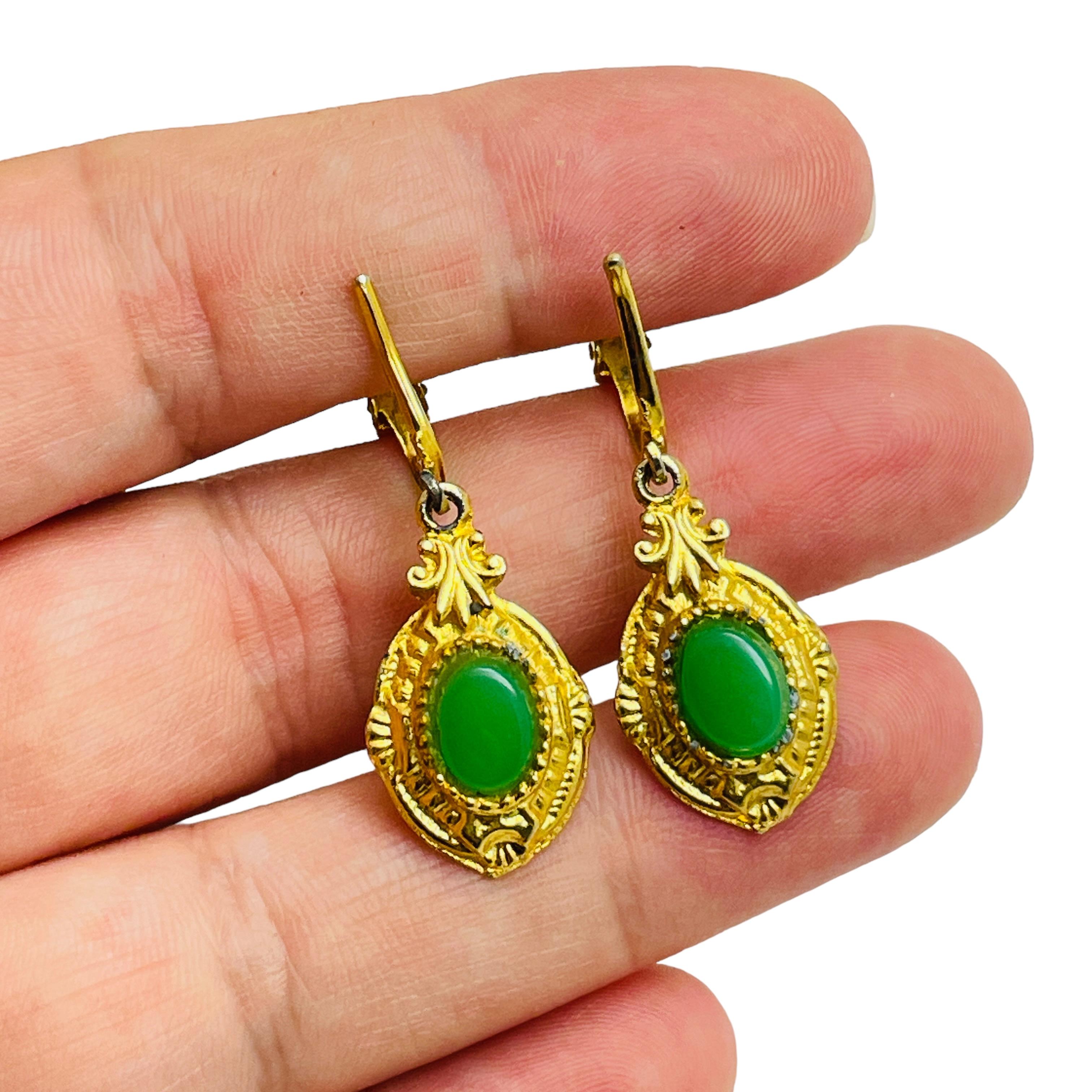 Women's Vintage gold tone faux green jade drop designer earrings For Sale