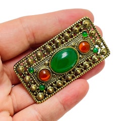 Vintage gold tone faux jade carnelian Etruscan brooch designer brooch