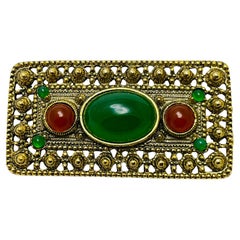 Retro gold tone faux jade carnelian Etruscan brooch designer brooch