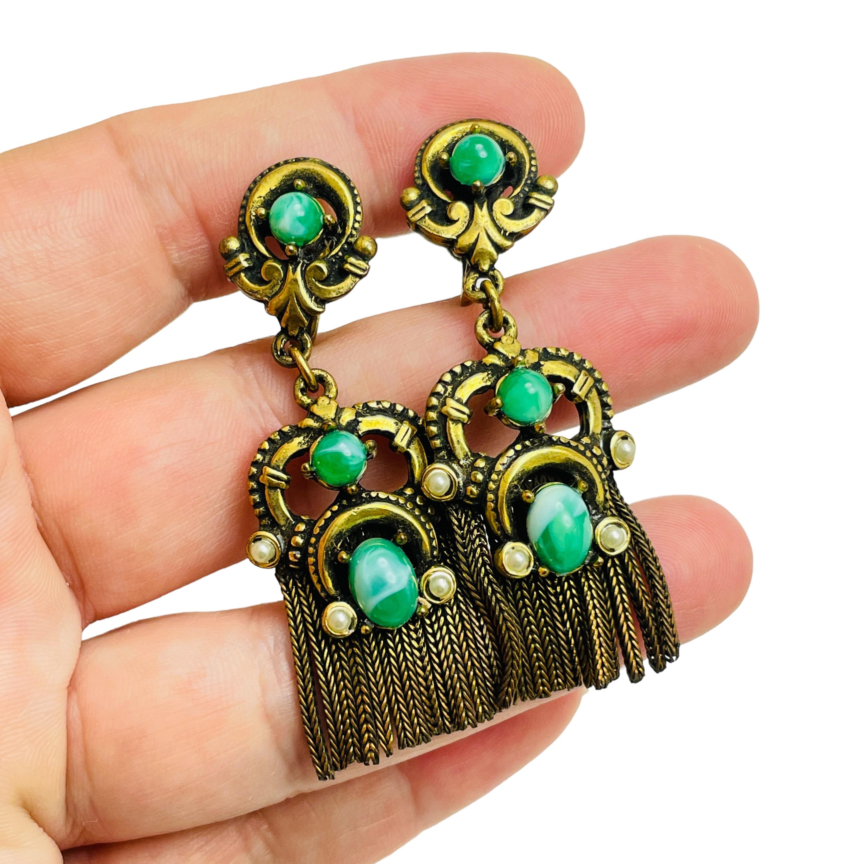 Women's Vintage gold tone faux jade dangle drop designer earrings For Sale