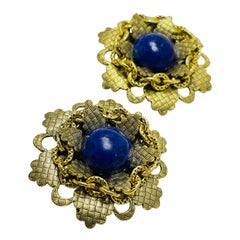 Vintage gold tone faux lapis flower designer clip on earrings
