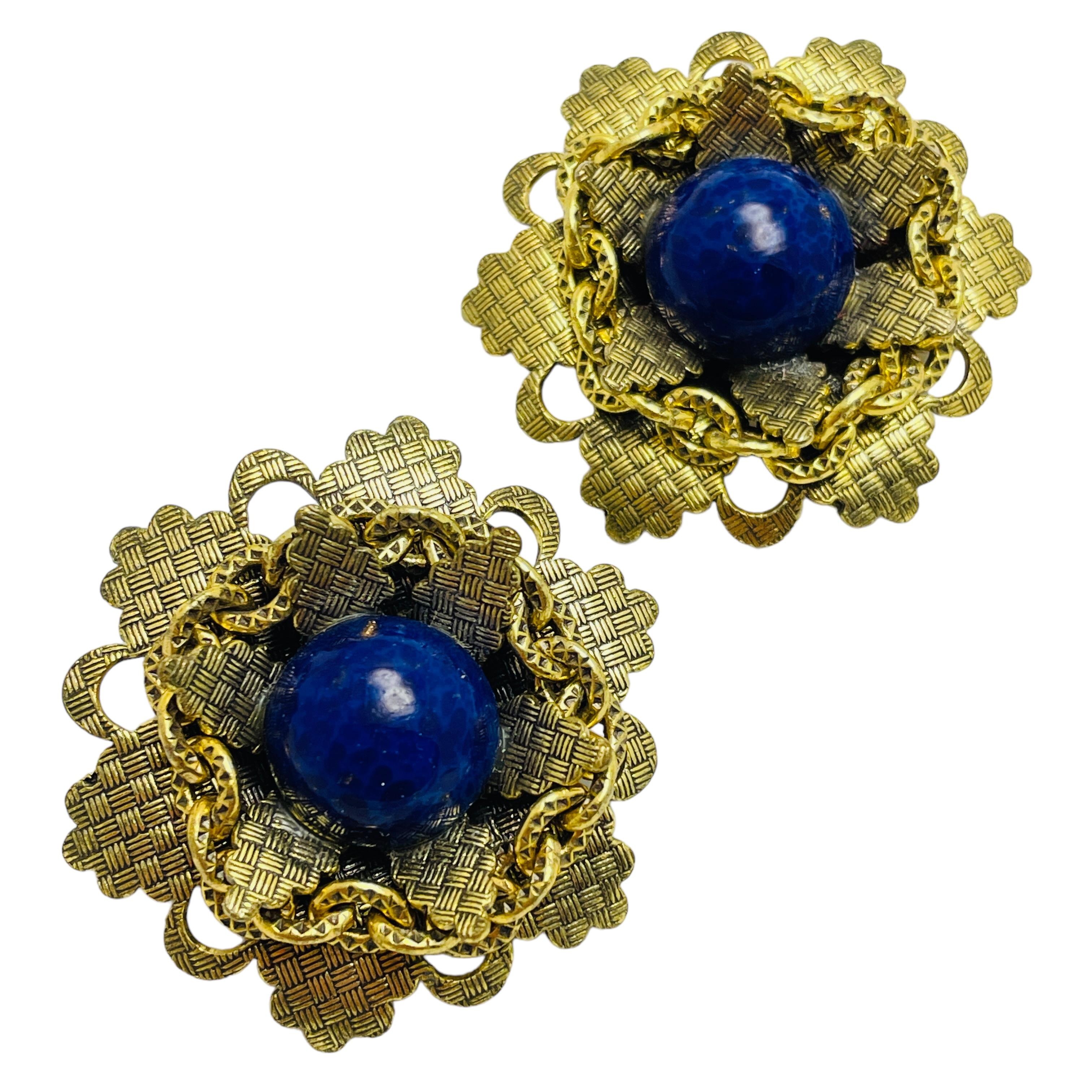 Women's Vintage gold tone faux lapis flower designer clip on earrings For Sale