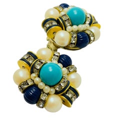 Vintage gold tone faux lapis pearl turquoise designer runway clip on earrings