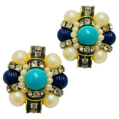 Pendientes de clip de diseño vintage en tono dorado de imitación lapislázuli perla turquesa