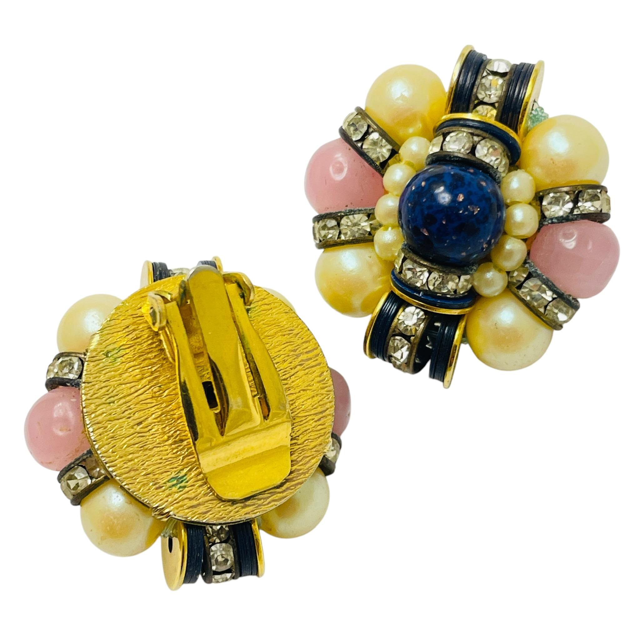 Orecchini a clip d'epoca in oro con perle di quarzo lapis, firmati dalla moda In condizioni buone in vendita a Palos Hills, IL